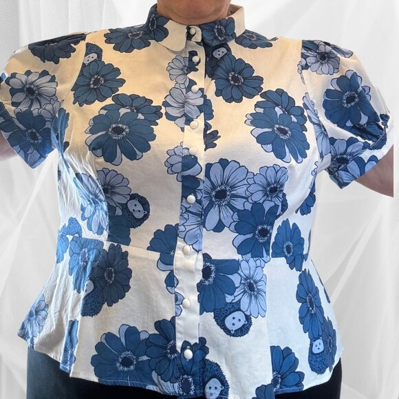 ModCloth x Collectif Blue Floral Peplum Blouse with Hedgehogs – Size 20 - Picture 1 of 13
